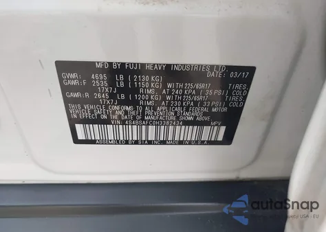 2017 Subaru Outback 2.5I Premium из США, поврежденный, VIN 4S4BSAFC0H3382434